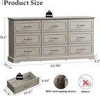 Farmhouse 9 Drawers Dresser for Bedroom, 63" Wide Modern Chest of Drawers with Deep Drawers & Bar Handles, Rustic Wood Dresser TV Stand, Wooden Closet Storage Organizer for Living Room, Hallway, Grey
