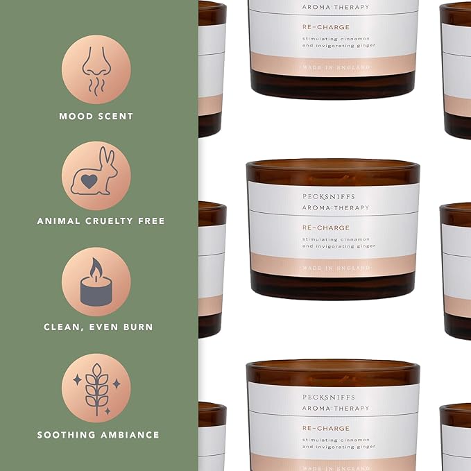 Pecksniff's Re-Charge Invigorating 3-Wick Candle - Cinnamon & Ginger Aroma, Premium Quality Wax, 283g, Long-Lasting Scent for Focus and Energy