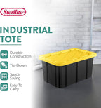 Sterilite 17 Gal Industrial Tote, Stackable Storage Bin with Snap-Fit Lid for Garage, Basement & Attic Storage, Black Base and Yellow Lily Lid, 6-Pack