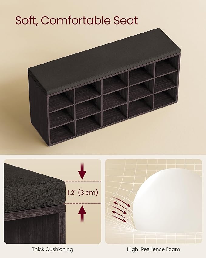 VASAGLE CUSTOS Collection - Shoe Bench, Storage Bench with Padded Seat, Entryway Bench with 15 Compartments, for Bedroom, 11.8 x 41.3 x 18.9 Inches, Espresso Brown and Chestnut Brown ULHS15BR