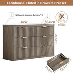 LEYAOYAO Fluted 6 Drawers Dresser Set of 2, 48" Wide Modern Chest of Drawers with Wood Grain Top, Curved Profile Design, Dresser TV Stand, Wooden Drawer Organizer for Bedroom, Living Room,Hallway,Grey