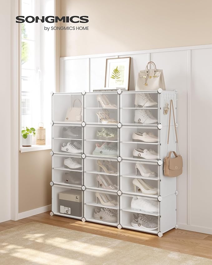 SONGMICS Shoe Rack Organizer, 12-Tier Shoe Storage Cabinet for Closet and Entryway, Holds 48 Pairs of Shoes, Adjustable, Cloud White and Trasparent ULPC040W01