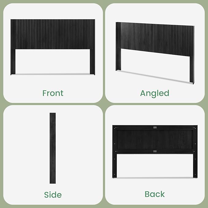 COCO DESIGN Queen Size Headboard Only, 64.3" Wide Wooden Headboard, Mid Century Modern Farmhouse Boho HeadBoard, Wall Mount, Fluted Panel, Wingback Design, Black