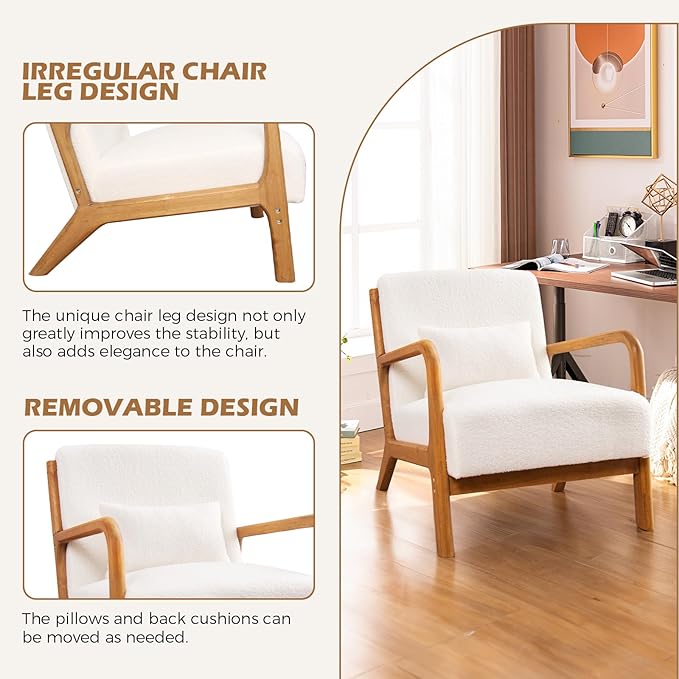 Accent Chair Mid Century Modern Chair Sherpa Fabric Living Room Chairs with Solid Wood Frame Comfy Upholstered and Lumbar Pillow Reading Side Chair Easy Assembly for Bedroom (1, White)