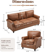 Kingfun Mid-Century Modern Couch, Faux Leather Sofa Set, 3 Seater Couch for Living Room with Rolled arms & Nailhead Trim,Brown