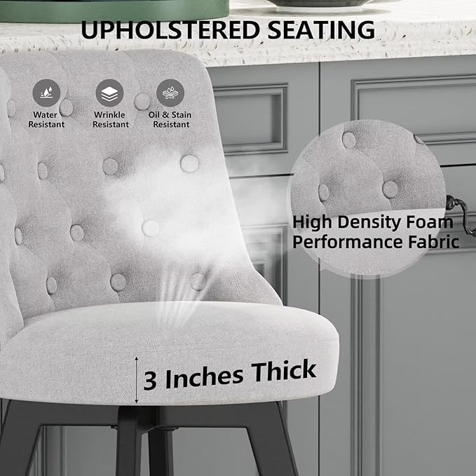 MINCETA Set of 4 Upholstered Bar Stools - 26 Inch Swivel Counter Height Stools with Low Tufted Back, Footrest & Performance Fabric - Round Seat for Kitchen Island & Home Bar Gray and Beige