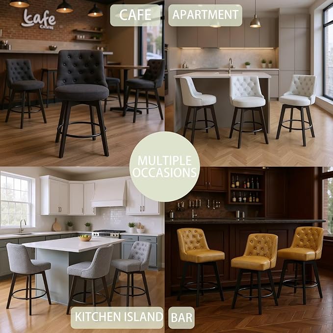 MINCETA Bar Stools Set of 4, 26 Inch Upholstered Barstools with Low Tufted Back and Footrest, Swivel Counter Height Barstools for Kitchen Island Home Bar Performance Fabric Gray