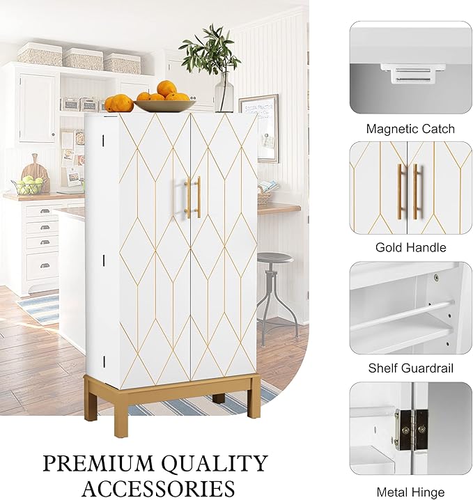 ARTPOWER 45'' Kitchen Pantry Cabinet, 4 - Layer Storage Cupboard with Adjustable Shelves for Storage Cabinet Pantry, Food Pantry Cabinet for Kitchen, Dining Room and Living Room,Gold Legs, White