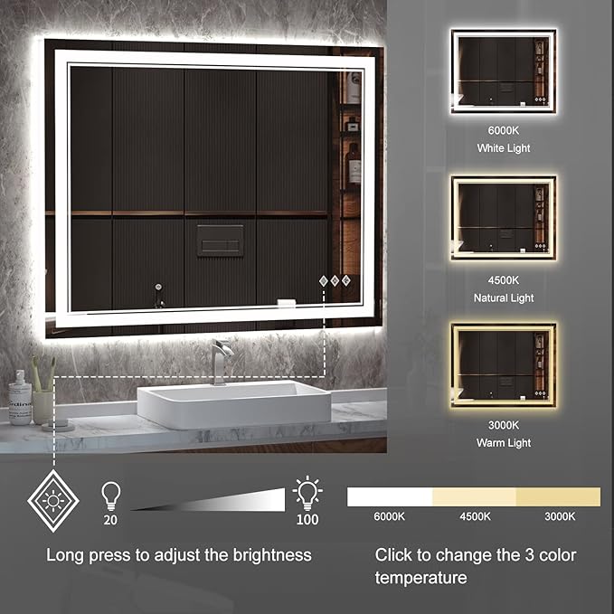 LED Bathroom Mirror, 40x32 Inch Gradient Front and Backlight Bathroom Vanity Mirror, 3 Colors Dimmable CRI>90 Double Lights, IP54 Enhanced Anti-Fog, Hanging Plates Wall Mount LED Mirror