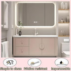 56IN Pink Modern Bathroom Vanity - Bathroom Vanities Set with 2 Drawers Wall Mounted | Rounded Corner Smart Defogging Mirror Cabinet with Lighting & Time Display, Side Opening Storage Shelf (Style B)