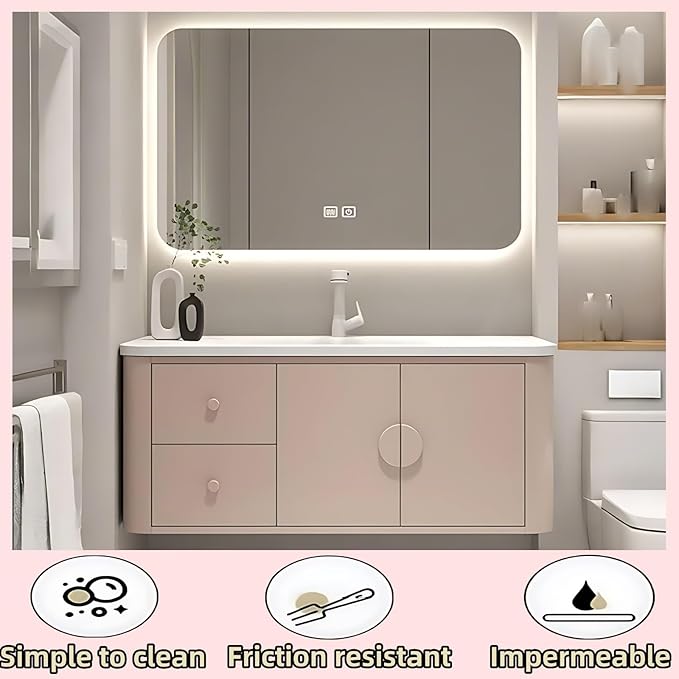 56IN Pink Modern Bathroom Vanity - Bathroom Vanities Set with 2 Drawers Wall Mounted | Rounded Corner Smart Defogging Mirror Cabinet with Lighting & Time Display, Side Opening Storage Shelf (Style B)
