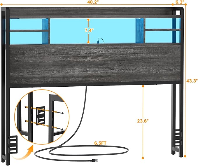 Aheaplus Headboard for Twin Size Bed with Storage, Headboards with LED Light, Power Outlets, USB Ports Twin Size Head Board, Wood headboard Only Sturdy and Stable Headboards, Modern, Black Oak
