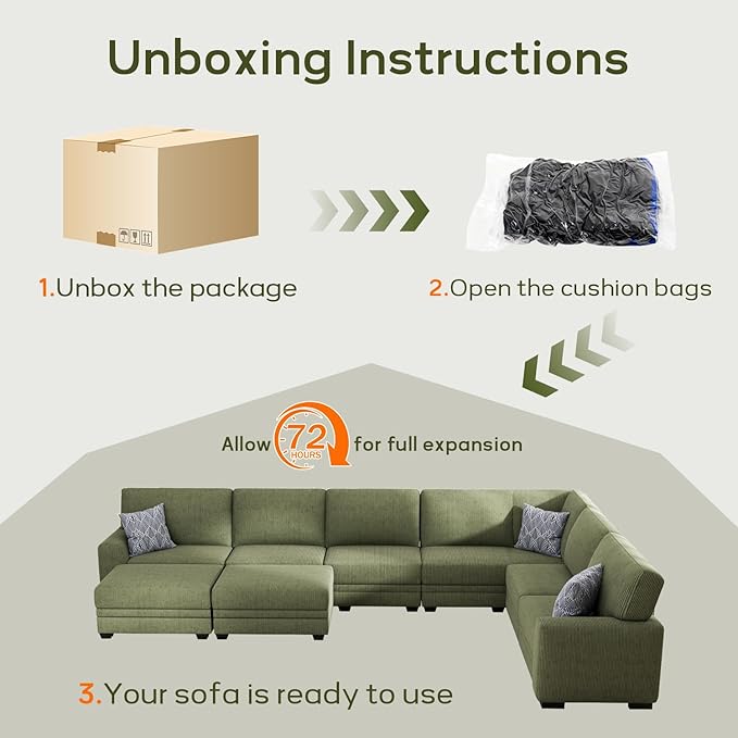 Wanderwell Oversized Modular Sectional Sofa, 6-Seater U Shaped Couches with Movable Ottoman,Corduroy Sectional Couch with Wide and Deep Seats Suitable for Living Room,Bedroom,Apartment (Olive, L-7)