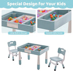 4 in 1 Kids Table and 2 Chairs Set with Storage, Toddler Table and Chair Set for Kids Ages 3-10, Graffiti & Building Blocks Double-Sided Tabletop (Grayish Blue, 2 Chairs)