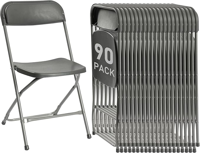 90 Pack Plastic Folding Chairs, Portable Party Chairs, Stackable Commercial Seats with Steel Frame for Home Office Wedding Party Indoor Outdoor Events Chairs, 350lbs Capacity,Gray