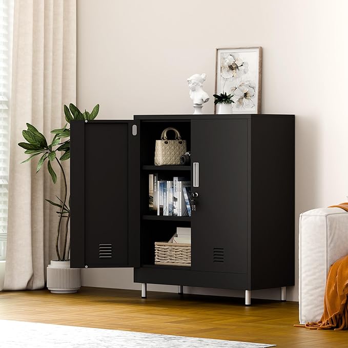 Metal Storage Cabinet with Locking Doors and Adjustable Shelves, Small Lockable Storage Cabinet for Home Office Garage Pantry Entryway Living Room (Black)
