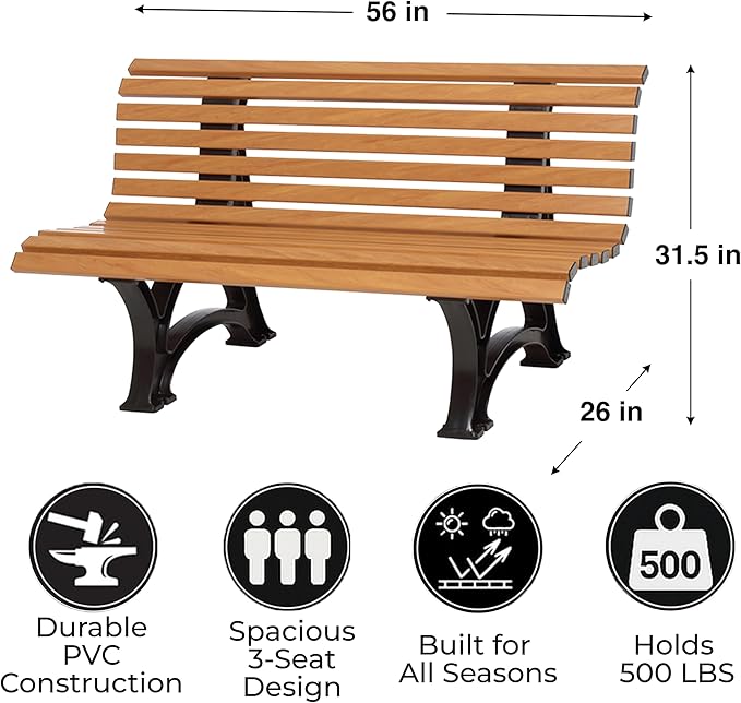 Plow & Hearth Weatherproof German PVC Outdoor Bench | 3-Seat | Holds Up to 500 lbs | Garden Patio Porch Park Deck | Steel and Resin (Wood)