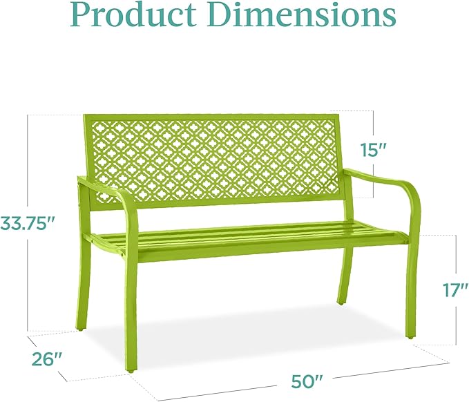 Best Choice Products Outdoor Bench 2-Person Metal Steel Benches Furniture for Garden, Patio, Porch, Entryway w/Geometric Backrest, 790lb Capacity - Lime Green