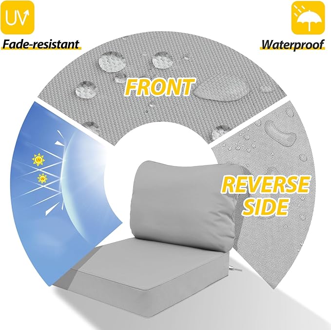 AAAAAcessories Outdoor Deep Seat Cushions, Waterproof, Fade-Resistant Patio Furniture Replacement Cushions, 25.5" x 25.5" x 5" + 25.5" x 19", Gray