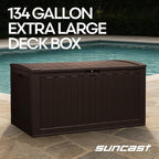 Suncast 134-Gal. Waterproof Resin Extra-Large Outdoor Patio Deck Box with Pad-Lockable Lid, Modern Outdoor Patio Bench/Storage Box for Cushions, Garden Tools, and More, Java