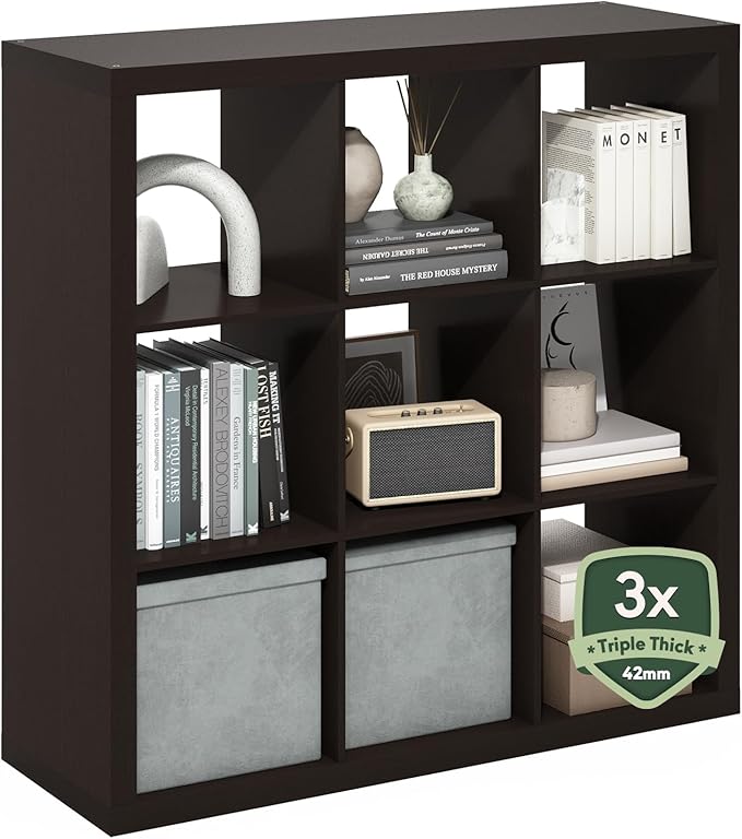 Furinno Cubicle Book Shelf, 9-Cube Bookshelf, Triple Thick Frame Cube Storage Organizer, Bookcase, 15.4 x 43.8 x 43.4, for Home Office, Living Room, Black Oak