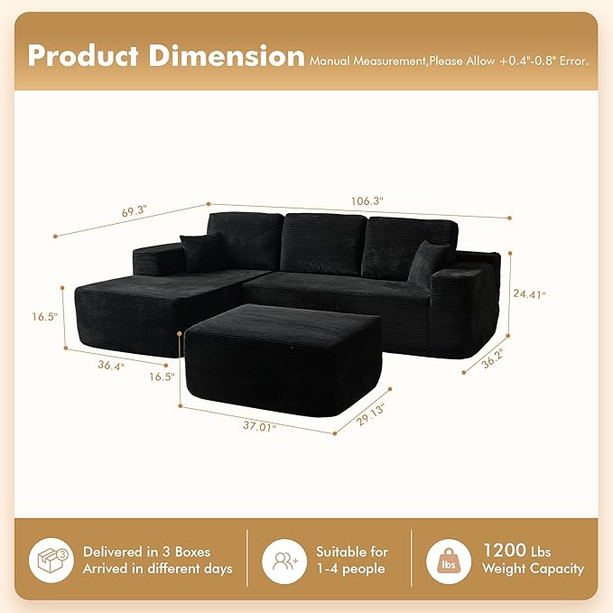 106" Cloud Sectional Couch with L-Shape Chaise & Ottoman, No Assembly Modular Sofa, Deep Seat Corduroy Boneless Couched for Living Room (Black Stripe Corduroy, Left Facing Chaise with Ottoman)