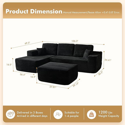 106" Cloud Sectional Couch with L-Shape Chaise & Ottoman, No Assembly Modular Sofa, Deep Seat Corduroy Boneless Couched for Living Room (Black Stripe Corduroy, Left Facing Chaise with Ottoman)