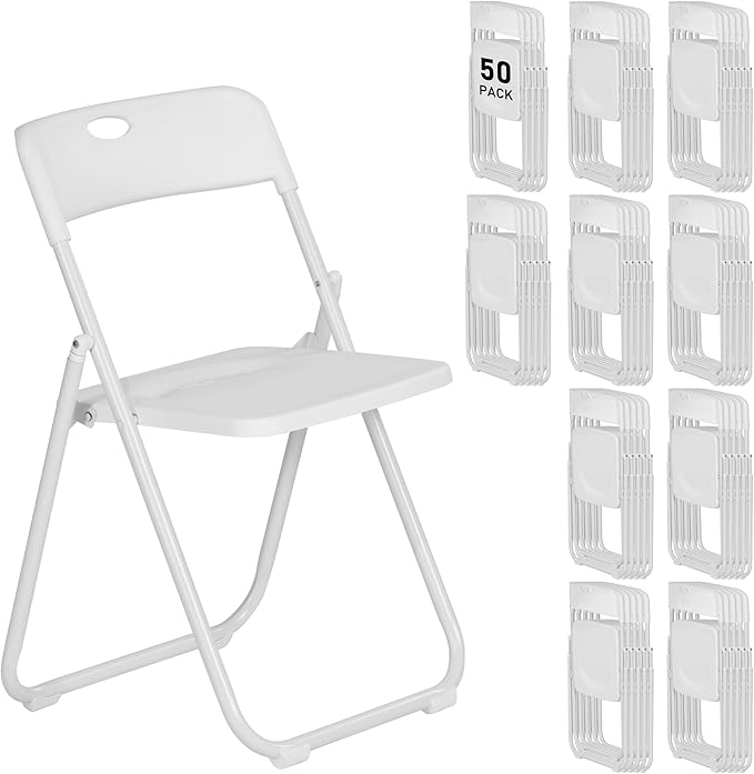 50 Pack White Plastic Folding Chairs, Indoor Outdoor Portable Stackable Commercial Seats with Steel Frame for Home Office Wedding Party Events Kitchen Dining, 350lb Capacity