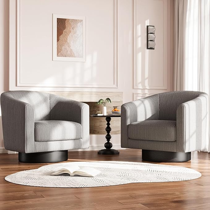 360° Swivel Accent Chairs, Modern Bucket Chair, Corduroy Barrel Armchair, Comfy Boucle Chair, Single Sofa for Living Room Bedroom. Dark Grey