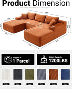 108" Cloud Sectional Couch,Modern Modular Sectional Sofa with Deep Seat,Corduroy Boneless Couches with L-Shape Chaise for Living Room,No Assembly Required (Orange, Right Facing Chaise + Ottoman)