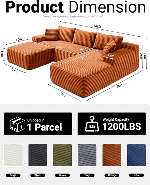 108" Cloud Sectional Couch,Modern Modular Sectional Sofa with Deep Seat,Corduroy Boneless Couches with L-Shape Chaise for Living Room,No Assembly Required (Orange, Right Facing Chaise + Ottoman)