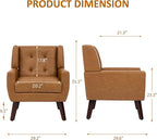 Faux Leather Accent Chair, Mid-Century Modern Upholstered Armchair, Comfy Living Room Chairs Reading Chairs with Button Tufted Back & Solid Wood Legs for Bedroom, Office, Brown