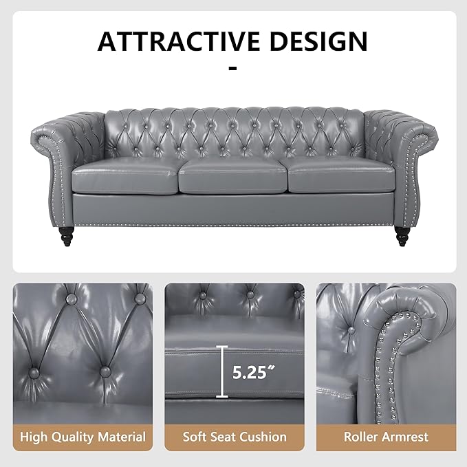 Faux Leather Sofa Couches Set, Modern Comfy Upholstered Couch with Cushions, Home Sofa Sectional Furniture Sets, 3-Piece Mid Century Tufted Chesterfield Couches for Living Room, Bedroom, Office