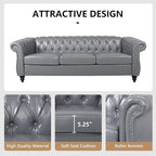 Home Sofa Living Room Furniture, 3 Seater Leather Upholstered Sofa Couch, Modern Comfy Couch with Faux Leather Cushions, Mid Century Tufted Chesterfield Sofas for Bedroom, Office, Apartment (Grey)