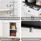 72in Tall Bookshelf 7 Tier Bookcase with Drawer and Barn Doors and Adjustable Shelves, White Farmhouse Book Shelf with Storage Cabinet, Wood Freestanding Display Bookshelves for Kitchen (3PCS)