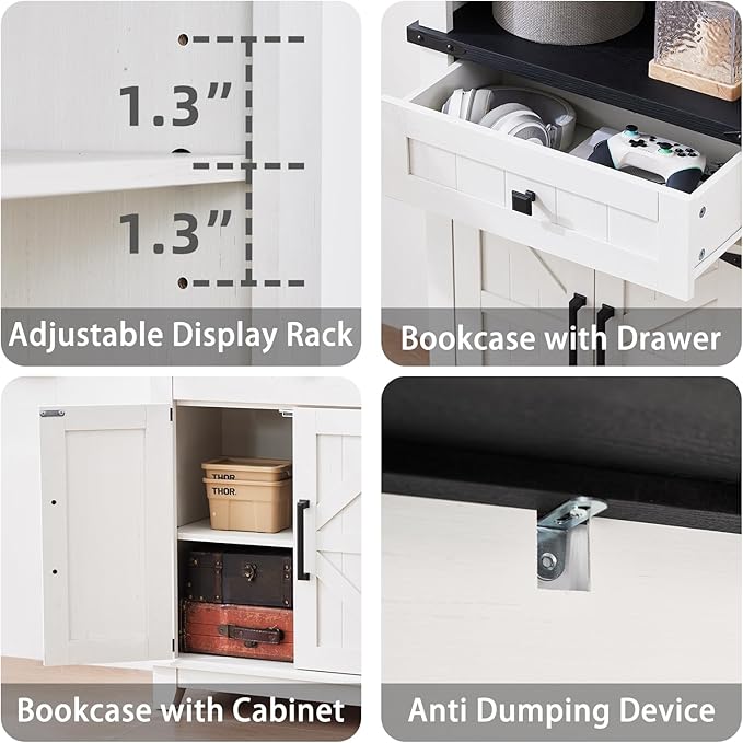 72in Tall Bookshelf 7 Tier Bookcase with Drawer and Barn Doors and Adjustable Shelves, White Farmhouse Book Shelf with Storage Cabinet, Wood Freestanding Display Bookshelves for Kitchen (3PCS)