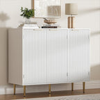 Fluted Sideboard Buffet with 3 Doors, Modern Accent Cabinet with Adjustable Shelves, Kitchen Storage Cabinet with Golden Handles, Coffee Bar for Kitchen, Living Room, White