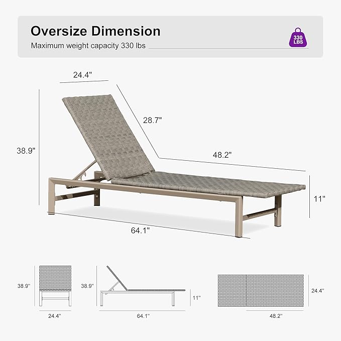 PURPLE LEAF Patio Chaise Lounge Rattan Chair Outdoor Pool Adjustable Recliner Wicker Lounger for Outside Woven Furniture Tanning Poolside Lounger Granite Gray