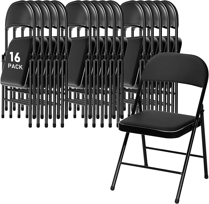 SEALAMB 16 Pack Black Folding Chairs with Padded Seats & Cushion, Durable Metal Foldable Chairs for Wedding Party, Commercial Chairs for Office School Church Events, 330lb Capacity (Black-PU, 16 Pack)