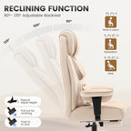 Office Desk Chair, Big and Tall Leather Gaming Chair with Footrest, Wide Ergonomic Comfy Executive High-Back Reclining Computer Chairs, Swivel Rolling Wheels and Padded Lumbar Support, Beige