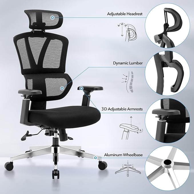 Chair Master Ergonomic High Back Mesh Office Chair, 3D Armrest, Adjustable Headrest, Variable Tilt (Nylon Casters)