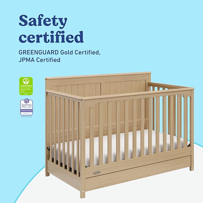 Graco Hadley 5-in-1 Convertible Crib with Drawer (Driftwood) – GREENGUARD Gold Certified, Fits Standard Crib Mattress, Converts to Toddler Bed, Daybed and Full Bed, 4 Adjustable Mattress Heights