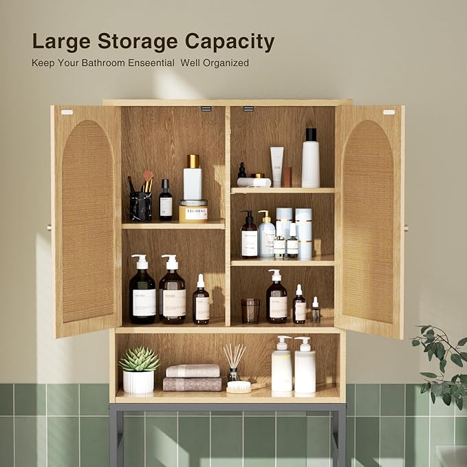 Rattan Toilet Storage Cabinet, Over the Rack Wood Cabinet with Metal Stand, Bathroom Organizer with Adjustable Shelf, Tall Freestanding Washer Shelf, Small Cupboard, Space Saver, Natural style
