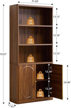 70.8" Tall Fluted Bookshelf with Storage Cabinet, Modern 5-Tier Wood Bookcase with Open Display Storage Shelf, Gold Handles for Office Living Room (Walnut)