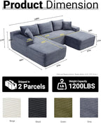 108 Inch Cloud Sectional Couch,Modern Modular Sectional Sofa with Deep Seat,Corduroy Boneless Couches with L-Shape Chaise for Living Room,No Assembly Required (Grey, Left Facing Chaise + Ottoman)