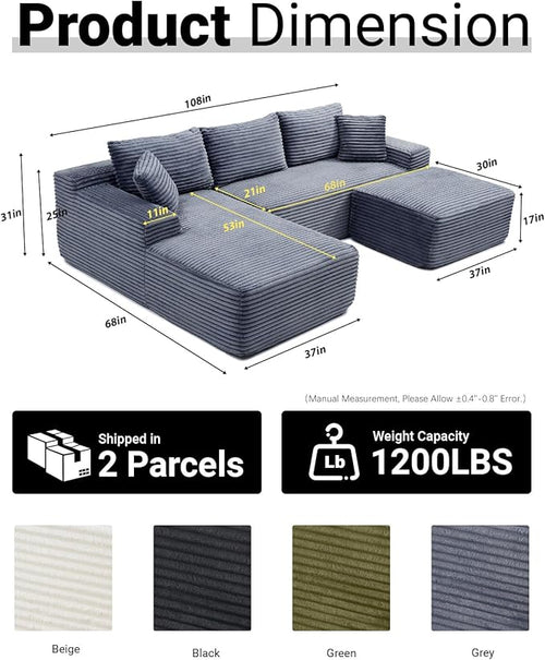 108 Inch Cloud Sectional Couch,Modern Modular Sectional Sofa with Deep Seat,Corduroy Boneless Couches with L-Shape Chaise for Living Room,No Assembly Required (Grey, Left Facing Chaise + Ottoman)