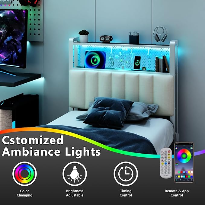 VINGLI Twin or Twin XL Size Headboard, Adjustable Upholstered Headboard with 2 Tier Shelves and Pegboard with Charging Stations and LED Lights, Modern Bed Headboard with Storage for Bedroom Decor