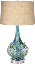 Possini Euro Design Kenya Modern Tropical Table Lamp with Riser 31" Tall Blue Green Ceramic Beige Linen Drum Shade for Living Room Bedroom House Bedside Home Office Entryway (Color May Vary)