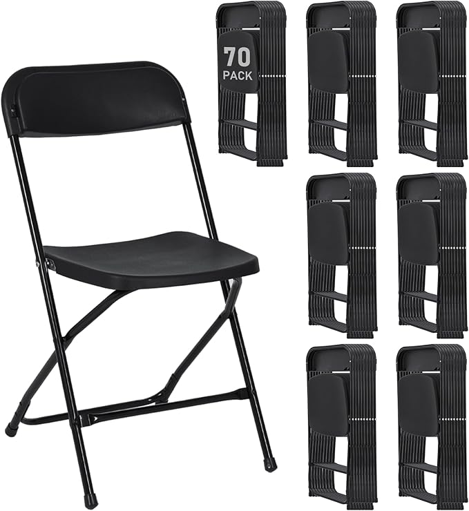 70 Pack Plastic Black Folding Chairs, Portable Stackable Commercial Party Folding Chairs with Steel Frame 350lbs for Home Office Outdoor Indoor Office Wedding Party Event