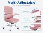 TRALT Ergonomic Office Chair - Desk Chair with Adjustable Lumbar Support Computer Chair - Mesh Comfy Chair with Flip-up Armrests - Gaming Chairs for Adults Home Office (Leather, Pink)